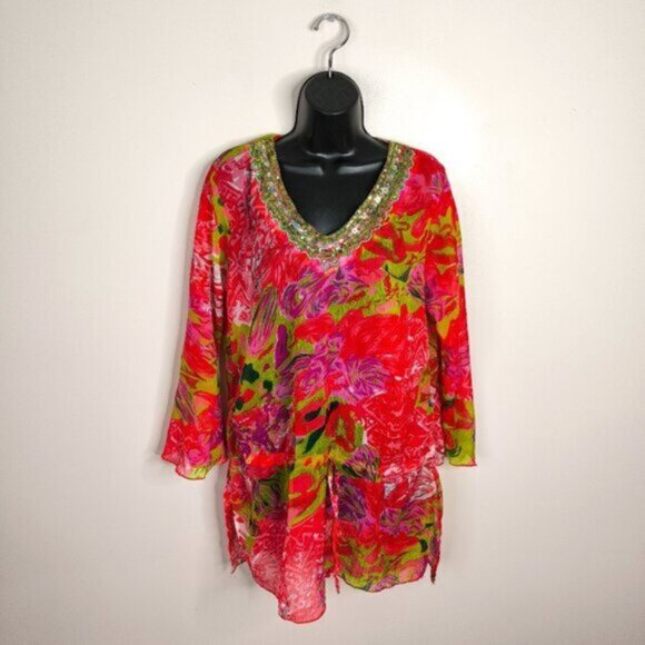 Vintage Other - Vintage Sahiba Boho Beaded Abstract Floral Sheer Fairy Whimsical Swim Cover L